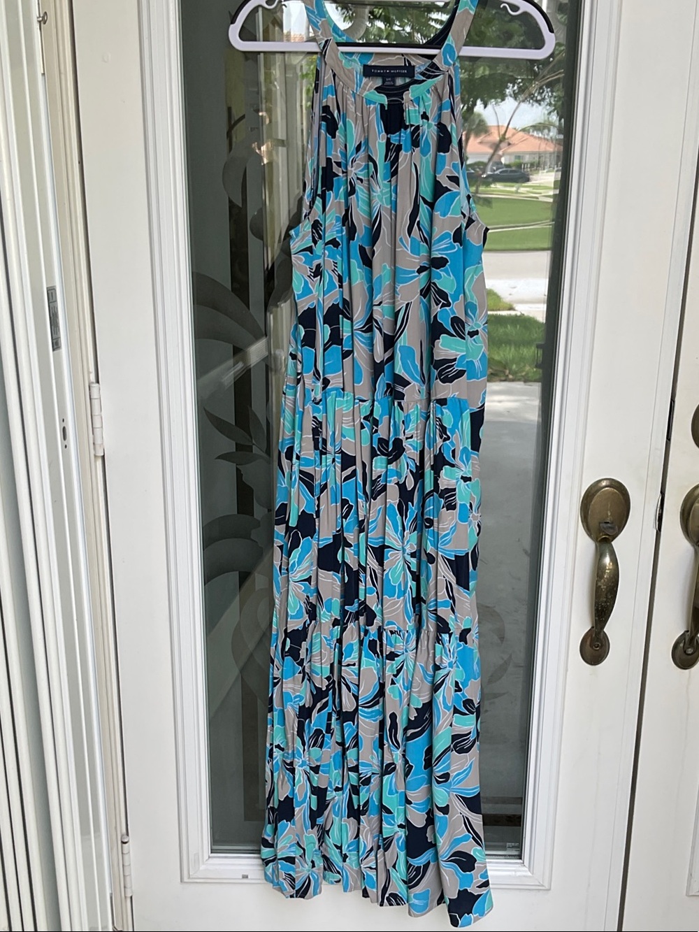 Tommy Hilfiger Floral Halter Dress in Teal, Black & Tan